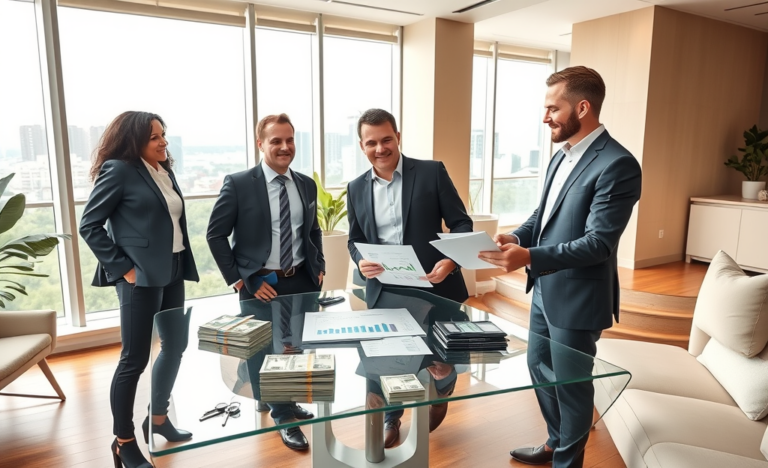 Three diverse buyers consulting a financial advisor in a modern office with cash and property documents about fast property purchase funding options