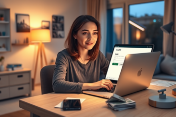 Young woman using laptop in cozy home office applying for instant loan to manage immediate cash needs in early evening