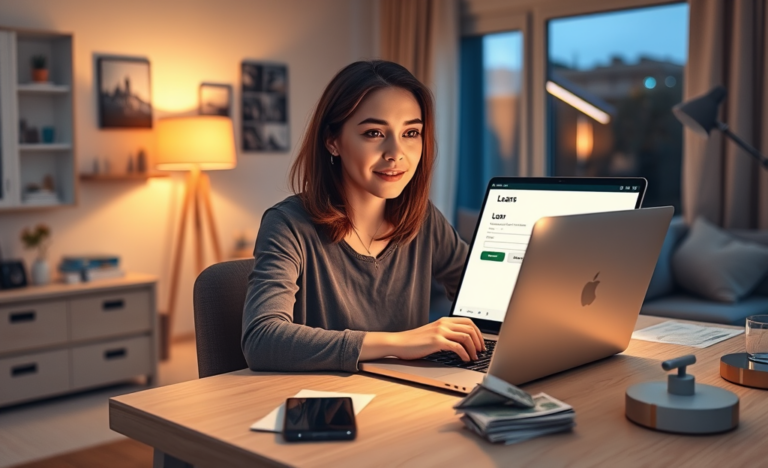 Young woman using laptop in cozy home office applying for instant loan to manage immediate cash needs in early evening