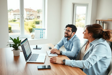 Young couple in a bright home office comparing mortgage loan options and applying online for fast approval