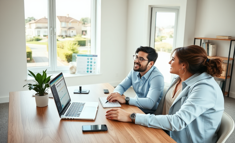 Young couple in a bright home office comparing mortgage loan options and applying online for fast approval