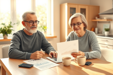 Middle-aged couple reviewing mortgage credit with reduced instalments in a bright, modern kitchen for easier budgeting
