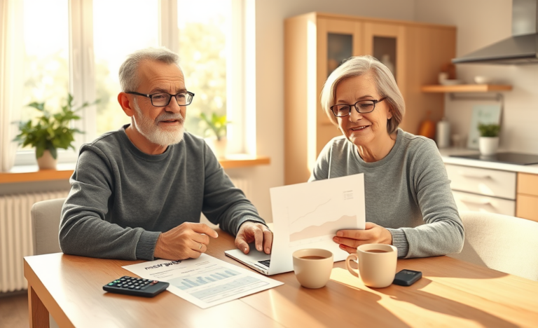 Middle-aged couple reviewing mortgage credit with reduced instalments in a bright, modern kitchen for easier budgeting