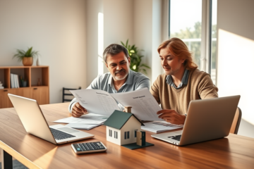 Middle-aged couple compares personal loan rates on laptops in a bright home office for smarter property buying