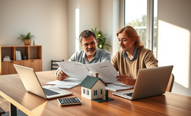 Middle-aged couple compares personal loan rates on laptops in a bright home office for smarter property buying