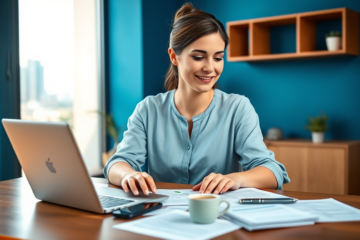 Young woman receiving fast personal loan support on laptop in a bright modern home office for urgent expenses
