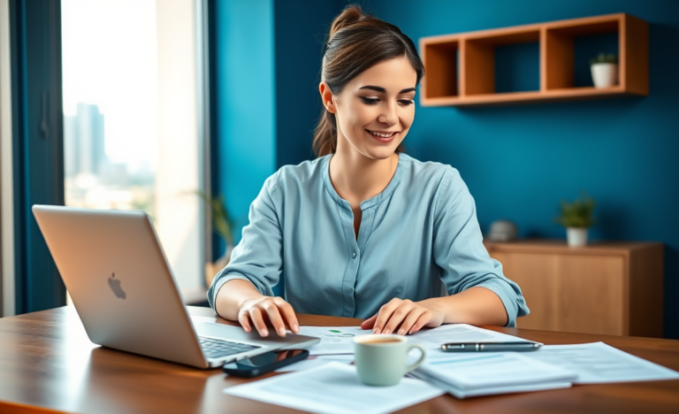 Young woman receiving fast personal loan support on laptop in a bright modern home office for urgent expenses