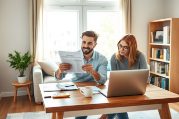 Young couple reviewing home loan application documents together in a bright cozy living room during first house purchase planning