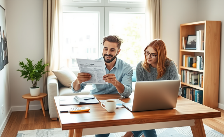 Young couple reviewing home loan application documents together in a bright cozy living room during first house purchase planning