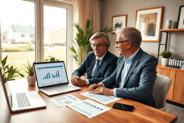 Middle-aged couple in a modern home office reviewing mortgage loan rates for lower repayments with documents and laptop near suburban windows