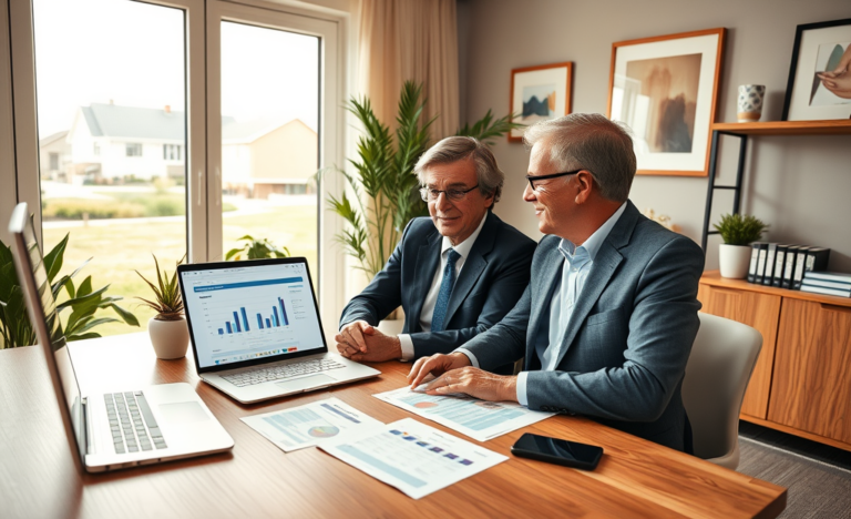 Middle-aged couple in a modern home office reviewing mortgage loan rates for lower repayments with documents and laptop near suburban windows