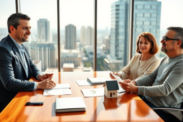 Loan officer approving secured property loan for a couple in a bright office with documents and house model on desk