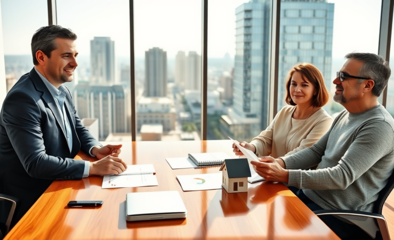 Loan officer approving secured property loan for a couple in a bright office with documents and house model on desk