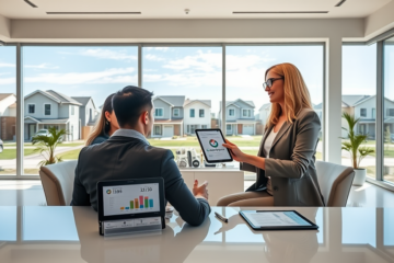Young couple consulting a loan officer in a modern real estate office with digital tablets showing fast personal loan funding options for house purchase