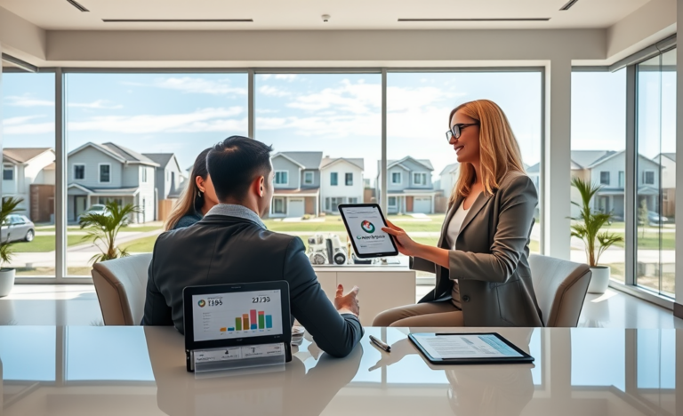 Young couple consulting a loan officer in a modern real estate office with digital tablets showing fast personal loan funding options for house purchase