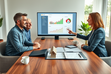 Middle-aged couple consulting loan officer in modern home office about personal loan with property guarantee for lower rates