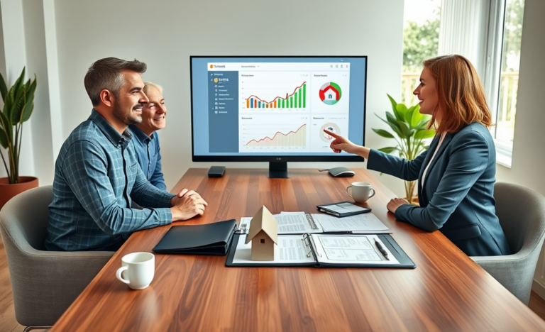 Middle-aged couple consulting loan officer in modern home office about personal loan with property guarantee for lower rates