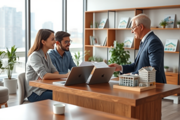 Young couple consulting a financial advisor about apartment purchase credit in a bright real estate office with modern design and city views