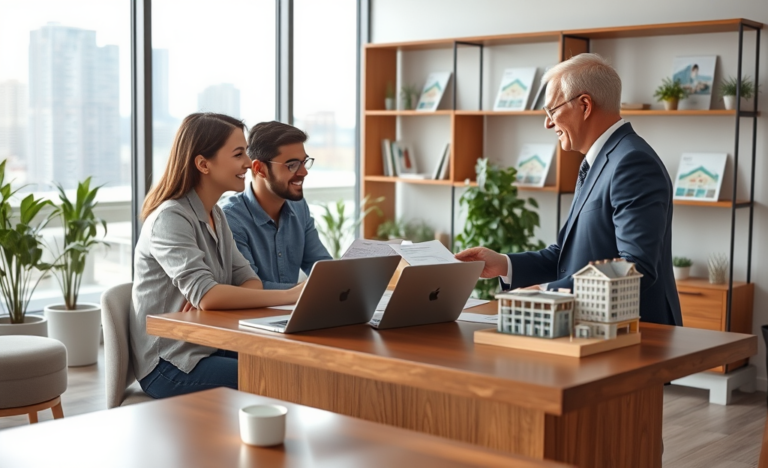 Young couple consulting a financial advisor about apartment purchase credit in a bright real estate office with modern design and city views