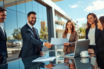 Professionally dressed people exchanging documents outside an office near a residential property, symbolising fast approval for property investment loan funding