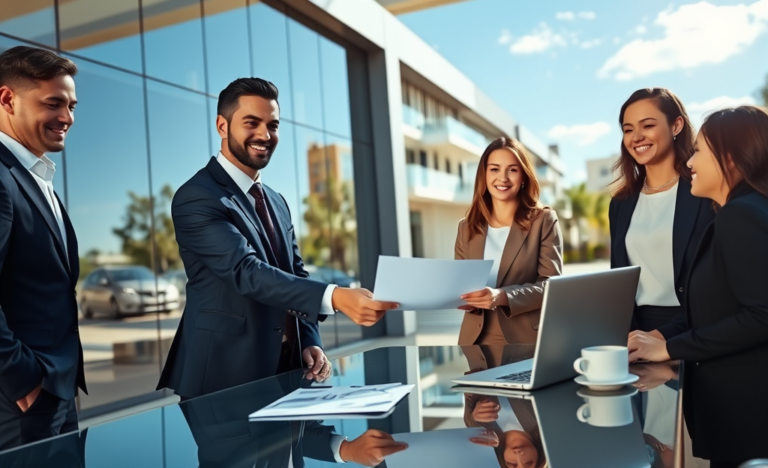 Professionally dressed people exchanging documents outside an office near a residential property, symbolising fast approval for property investment loan funding