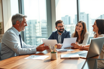 Young couple discussing mortgage credit immediate release with advisor in modern bright bank office, showcasing faster access and better cash flow