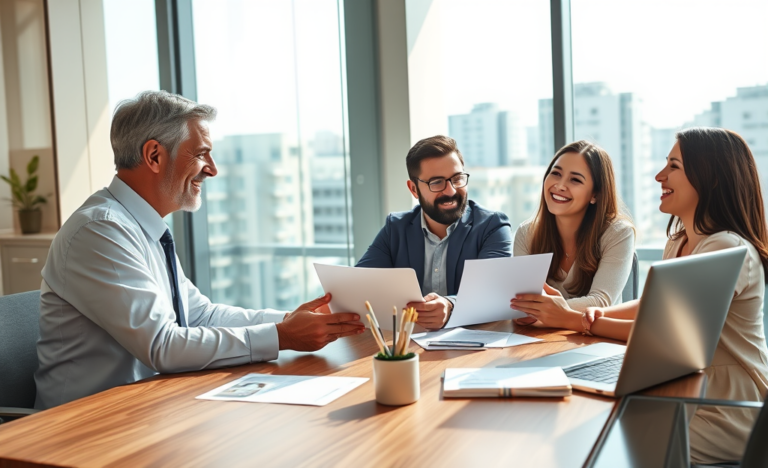 Young couple discussing mortgage credit immediate release with advisor in modern bright bank office, showcasing faster access and better cash flow