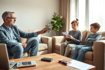 Middle-aged man handing cash to woman in modern living room during same day cash loan for family emergency, child watching nearby