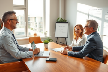A middle-aged couple consults a financial advisor in a modern office about property purchase credit options for better buying power.