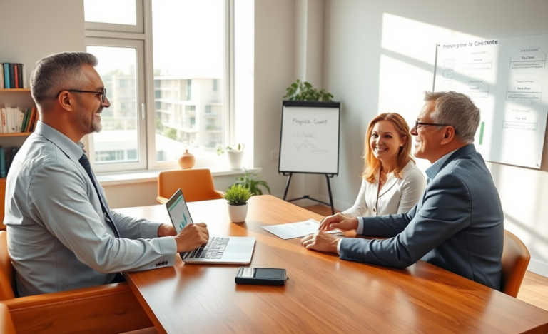 A middle-aged couple consults a financial advisor in a modern office about property purchase credit options for better buying power.