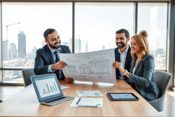 Professional meeting about Mortgage Personal Loan for Large Projects in a bright modern office with blueprints and construction visible outside