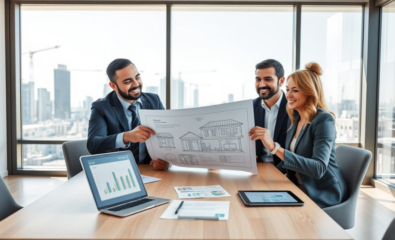 Professional meeting about Mortgage Personal Loan for Large Projects in a bright modern office with blueprints and construction visible outside