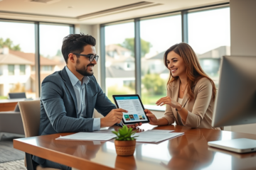 Diverse couple discussing flexible options for a special conditions mortgage loan with a loan officer in a modern real estate office