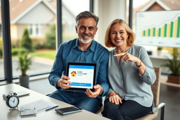 Middle-aged couple discussing a quick loan with mortgage guarantee in a bright modern office with a suburban house visible outside