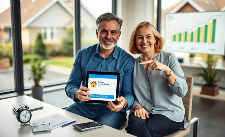 Middle-aged couple discussing a quick loan with mortgage guarantee in a bright modern office with a suburban house visible outside