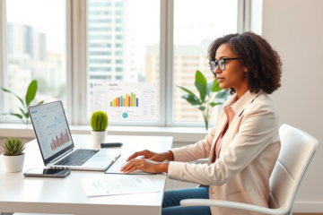 Young woman in a bright home office comparing personal loan rates on laptop with charts, surrounded by financial documents and natural light