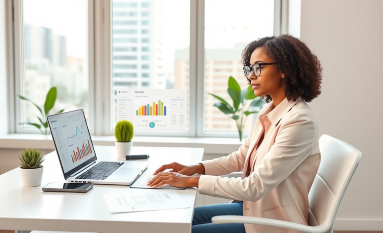 Young woman in a bright home office comparing personal loan rates on laptop with charts, surrounded by financial documents and natural light