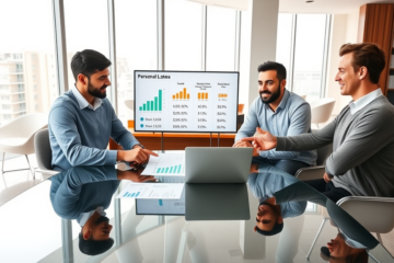 Professional team comparing SoFi personal loan rates around a glass table in a modern office with digital charts showing borrowing costs