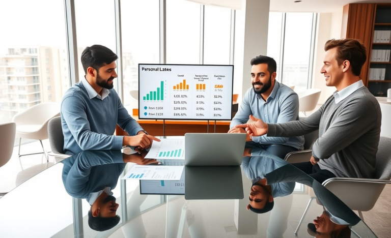 Professional team comparing SoFi personal loan rates around a glass table in a modern office with digital charts showing borrowing costs