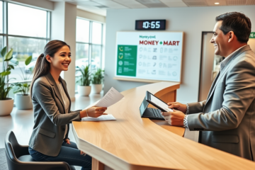 Young woman submitting a personal loan application to a friendly loan officer inside a bright, modern Money Mart branch