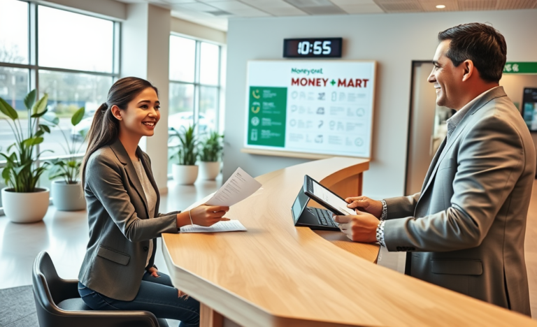 Young woman submitting a personal loan application to a friendly loan officer inside a bright, modern Money Mart branch
