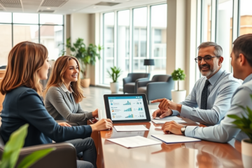 Three people in a bright modern bank branch reviewing personal loan options on a digital tablet with a bank advisor