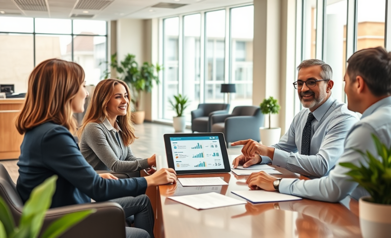Three people in a bright modern bank branch reviewing personal loan options on a digital tablet with a bank advisor