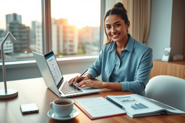 Young woman in a bright home office comparing magical credit personal loan rates online on a laptop with a city view at dusk