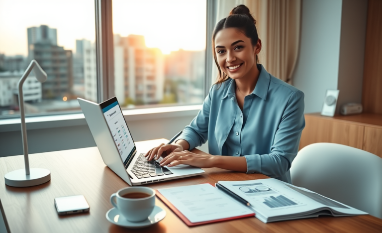 Young woman in a bright home office comparing magical credit personal loan rates online on a laptop with a city view at dusk