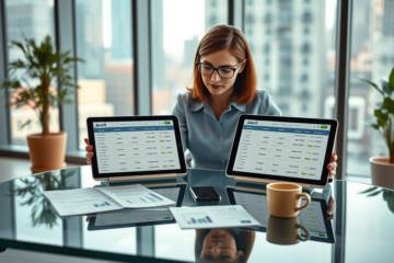 Woman comparing personal loan options on tablets in a bright office, focused on urgent Avant personal loan fast funding