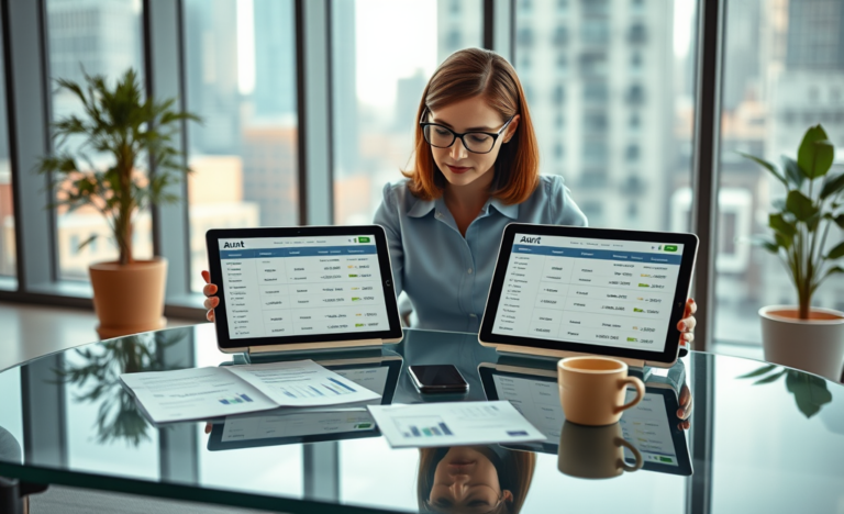 Woman comparing personal loan options on tablets in a bright office, focused on urgent Avant personal loan fast funding