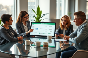 Modern office scene with three adults reviewing personal loan comparisons on a tablet for quick funding decisions