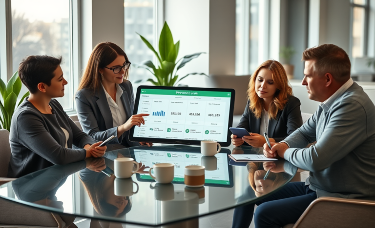 Modern office scene with three adults reviewing personal loan comparisons on a tablet for quick funding decisions
