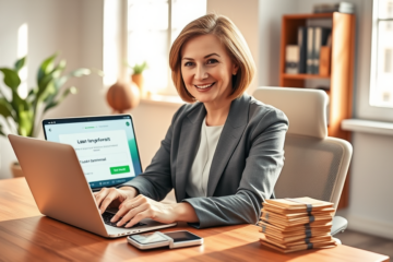 A woman in a modern home office quickly accessing personal loan funds on her smartphone beside a laptop with financial interface